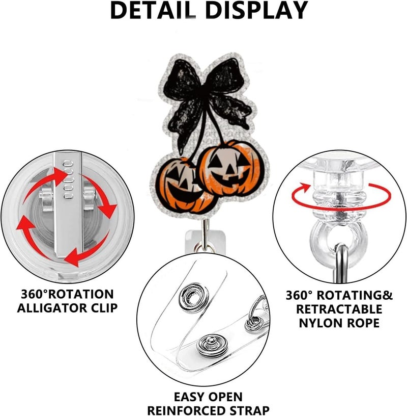 NSSHEL Halloween Badge Reel Retractable Autumn Coquette Pumpkin with Black Bow Acrylic Alligator Clip Halloween Badge Clip ID Card Holder Gifts for Medical Worker Teacher Doctor Cute Halloween Badges Holder - Image 2